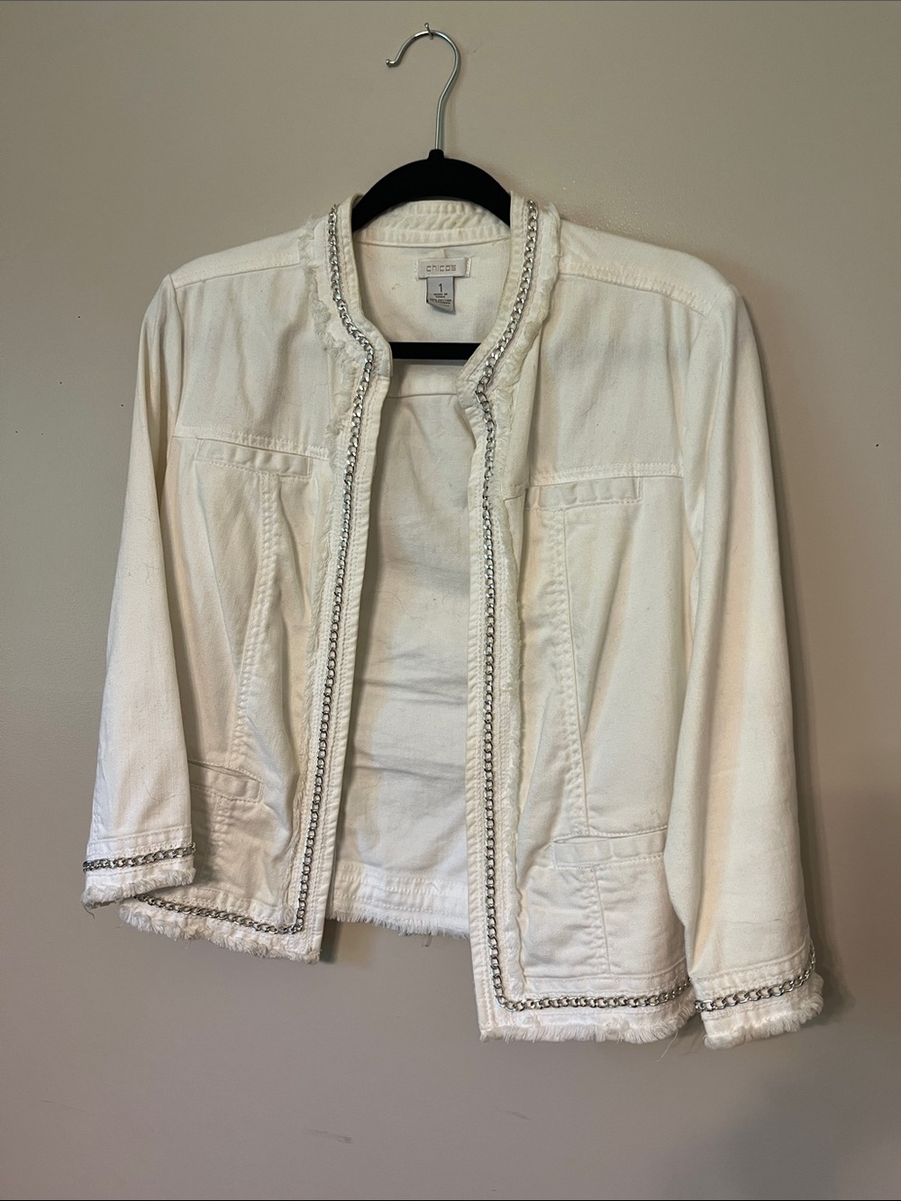 Chico's Off-White Fringe Trim Open-Front Jacket
